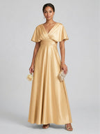 Modest Gold Satin A-line V-Neck V-Back Ankle-Length Bridesmaid Dress - Curvevia