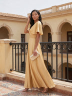 Modest Gold Satin A-line V-Neck V-Back Ankle-Length Bridesmaid Dress - Curvevia