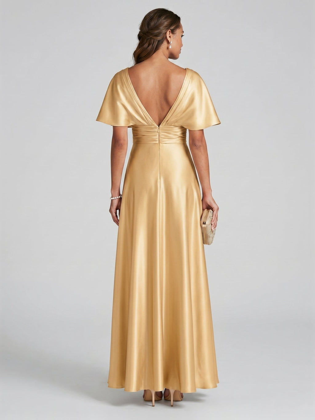 Modest Gold Satin A-line V-Neck V-Back Ankle-Length Bridesmaid Dress - Curvevia