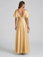 Modest Gold Satin A-line V-Neck V-Back Ankle-Length Bridesmaid Dress - Curvevia