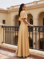 Modest Gold Satin A-line V-Neck V-Back Ankle-Length Bridesmaid Dress - Curvevia