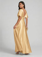 Modest Gold Satin A-line V-Neck V-Back Ankle-Length Bridesmaid Dress - Curvevia