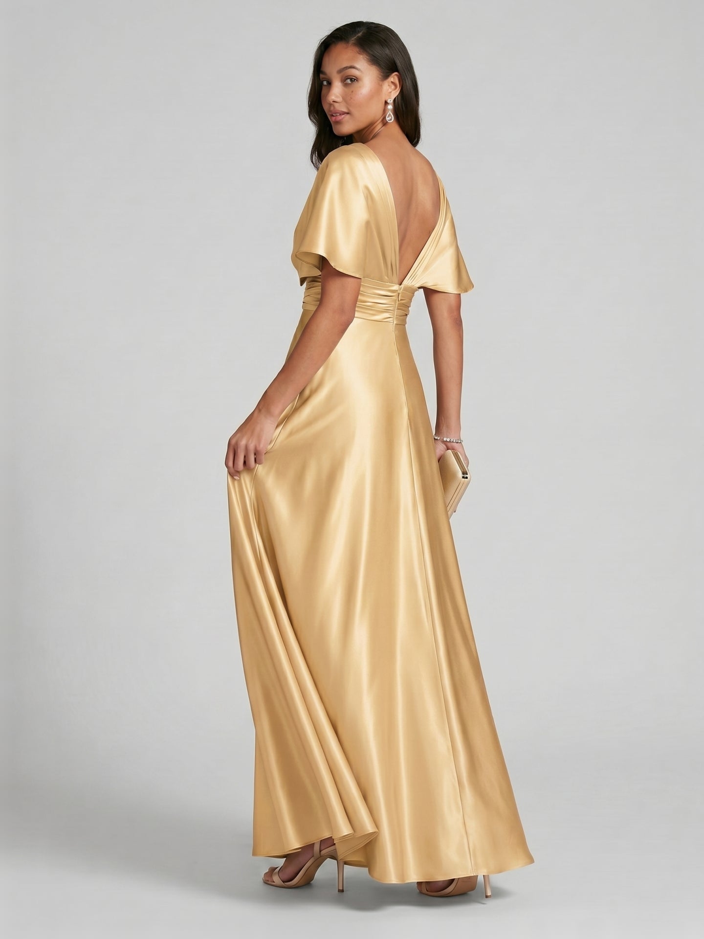 Modest Gold Satin A-line V-Neck V-Back Ankle-Length Bridesmaid Dress - Curvevia