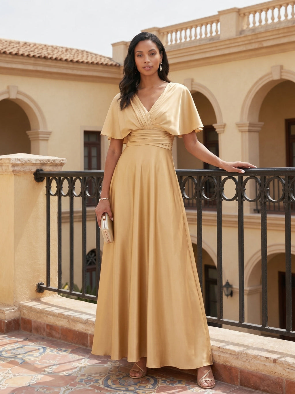 Modest Gold Satin A-line V-Neck V-Back Ankle-Length Bridesmaid Dress - Curvevia