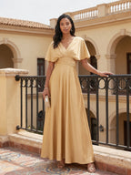 Modest Gold Satin A-line V-Neck V-Back Ankle-Length Bridesmaid Dress - Curvevia