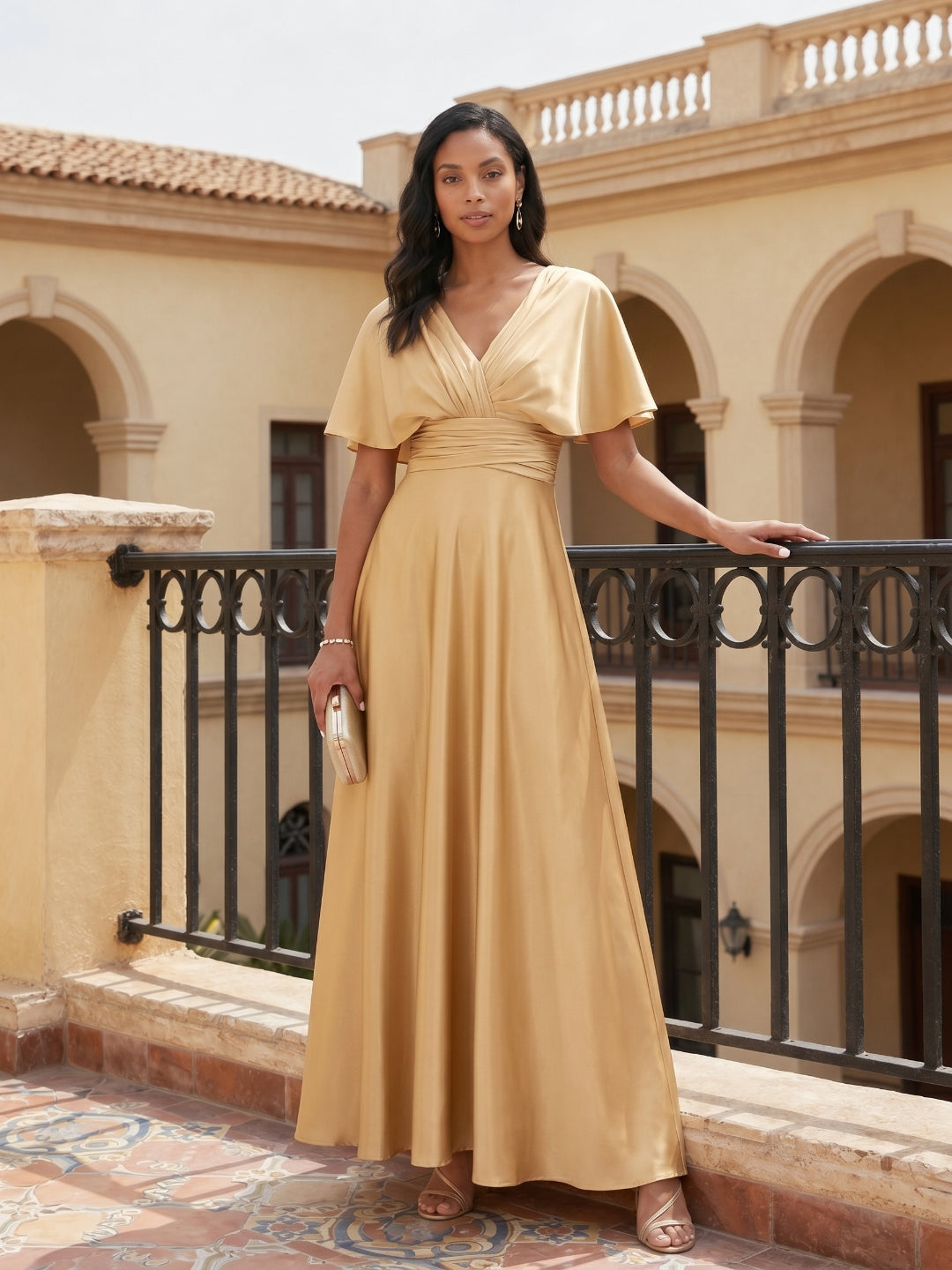 Modest Gold Satin A-line V-Neck V-Back Ankle-Length Bridesmaid Dress - Curvevia