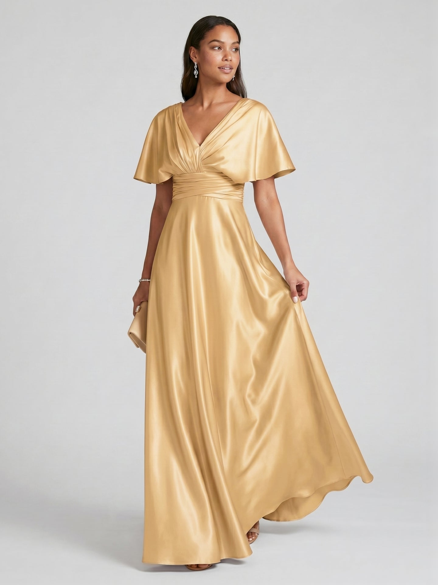 Modest Gold Satin A-line V-Neck V-Back Ankle-Length Bridesmaid Dress - Curvevia