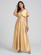 Modest Gold Satin A-line V-Neck V-Back Ankle-Length Bridesmaid Dress - Curvevia