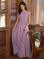 Modest Lavender Chiffon A-Line Scoop Neck Back Zip with Beaded Details Ankle-Length Bridesmaid Dress - Curvevia
