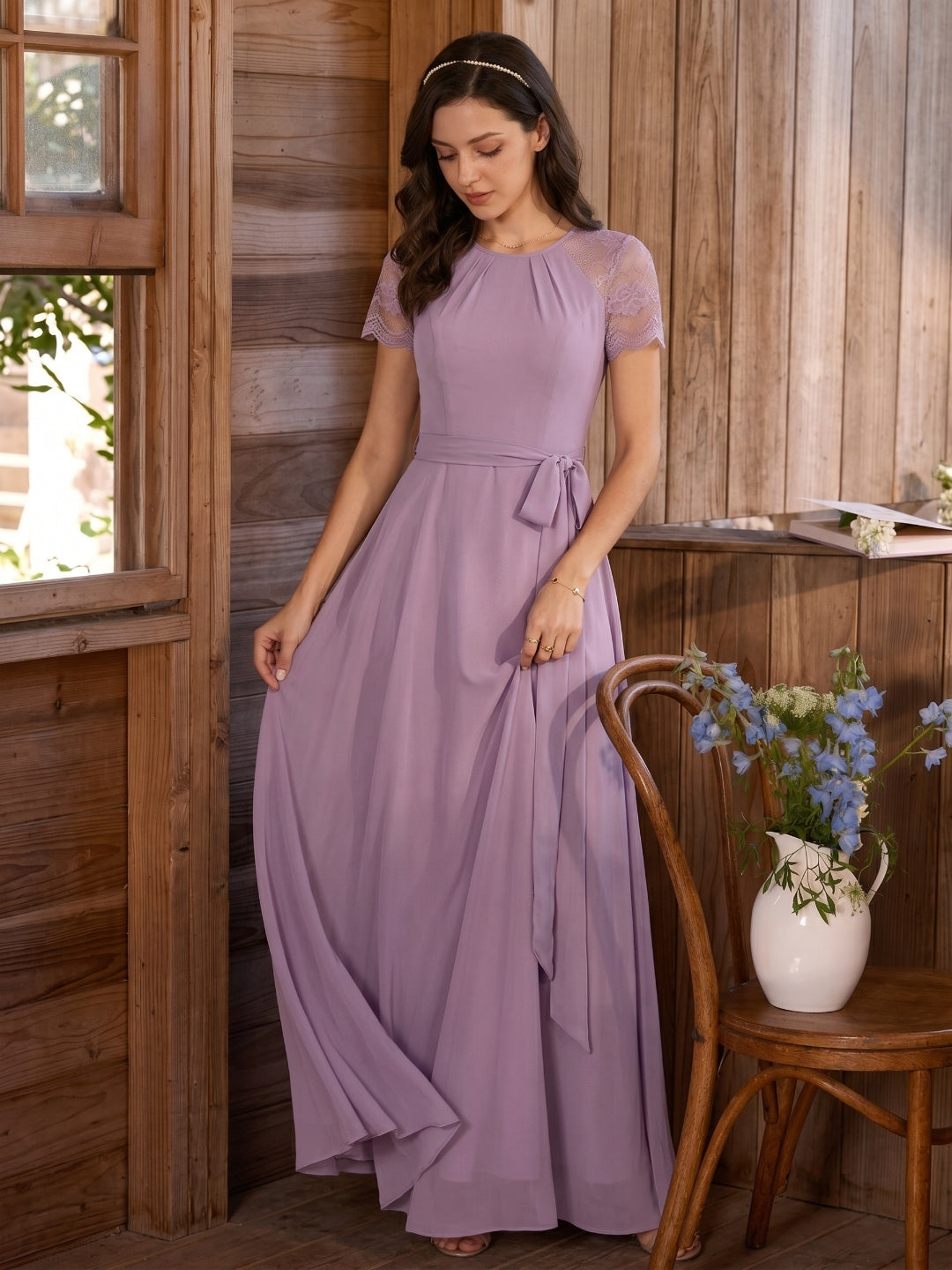 Modest Lavender Chiffon A-Line Scoop Neck Back Zip with Beaded Details Ankle-Length Bridesmaid Dress - Curvevia