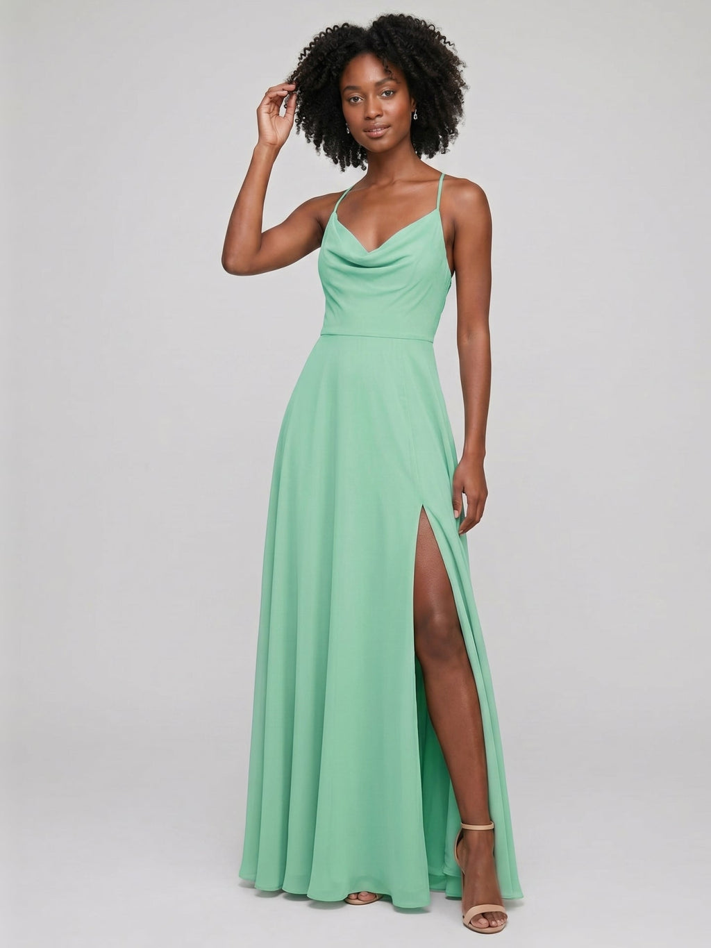 Modest Mint Green Chiffon A-Line Cowl Neck Criss-Cross Straps Ankle-Length Bridesmaid Dress - Curvevia