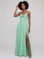 Modest Mint Green Chiffon A-Line Cowl Neck Criss-Cross Straps Ankle-Length Bridesmaid Dress - Curvevia