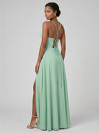 Modest Mint Green Chiffon A-Line Cowl Neck Criss-Cross Straps Ankle-Length Bridesmaid Dress - Curvevia