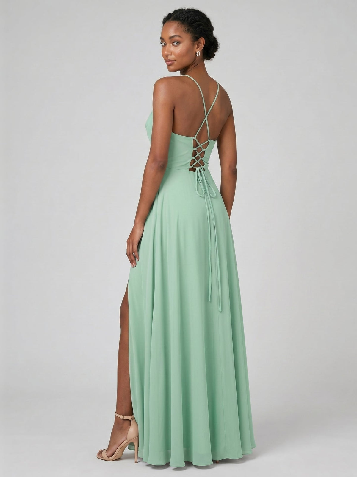 Modest Mint Green Chiffon A-Line Cowl Neck Criss-Cross Straps Ankle-Length Bridesmaid Dress - Curvevia