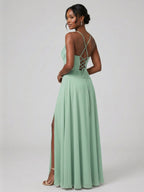 Modest Mint Green Chiffon A-Line Cowl Neck Criss-Cross Straps Ankle-Length Bridesmaid Dress - Curvevia
