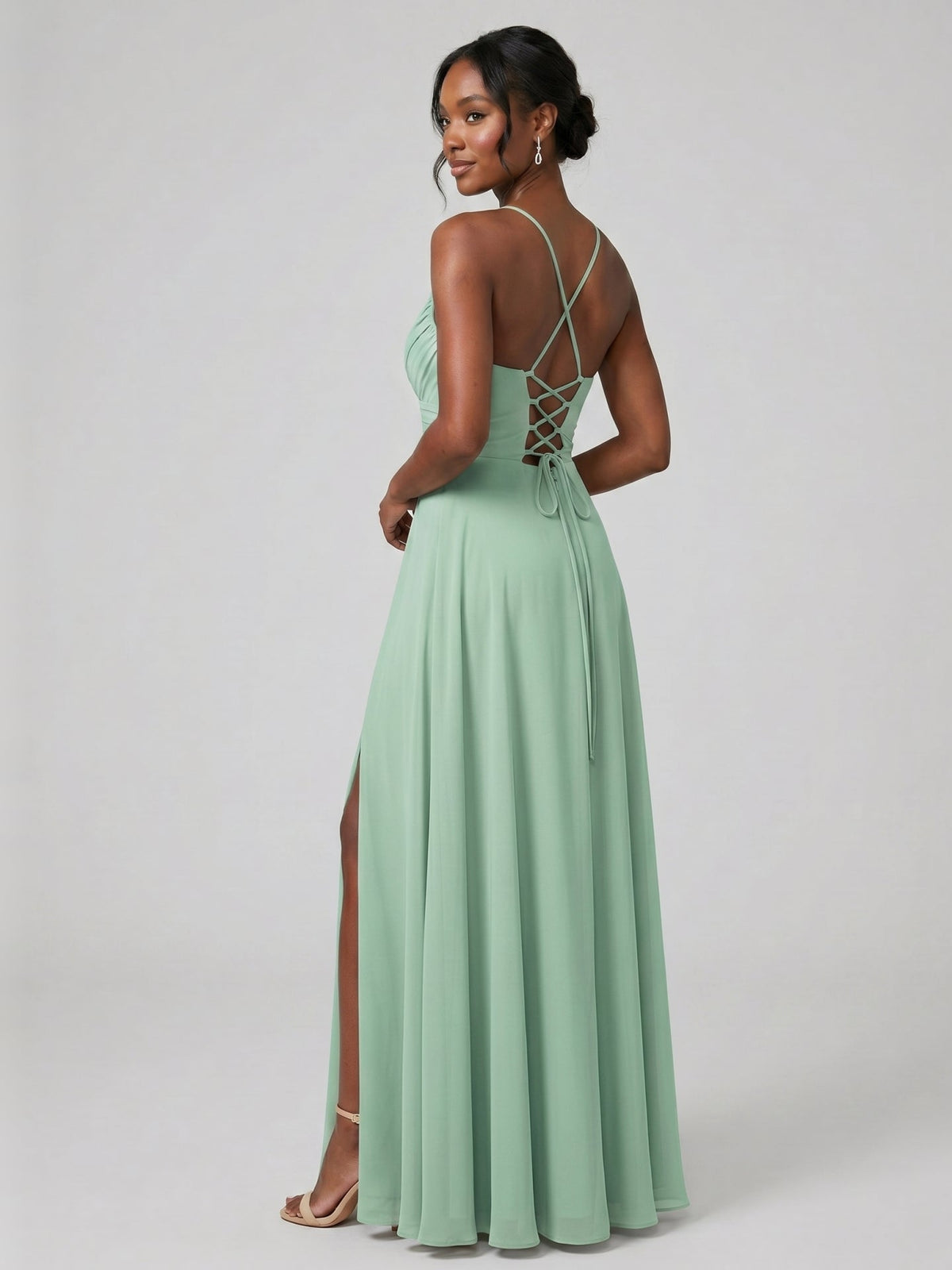 Modest Mint Green Chiffon A-Line Cowl Neck Criss-Cross Straps Ankle-Length Bridesmaid Dress - Curvevia