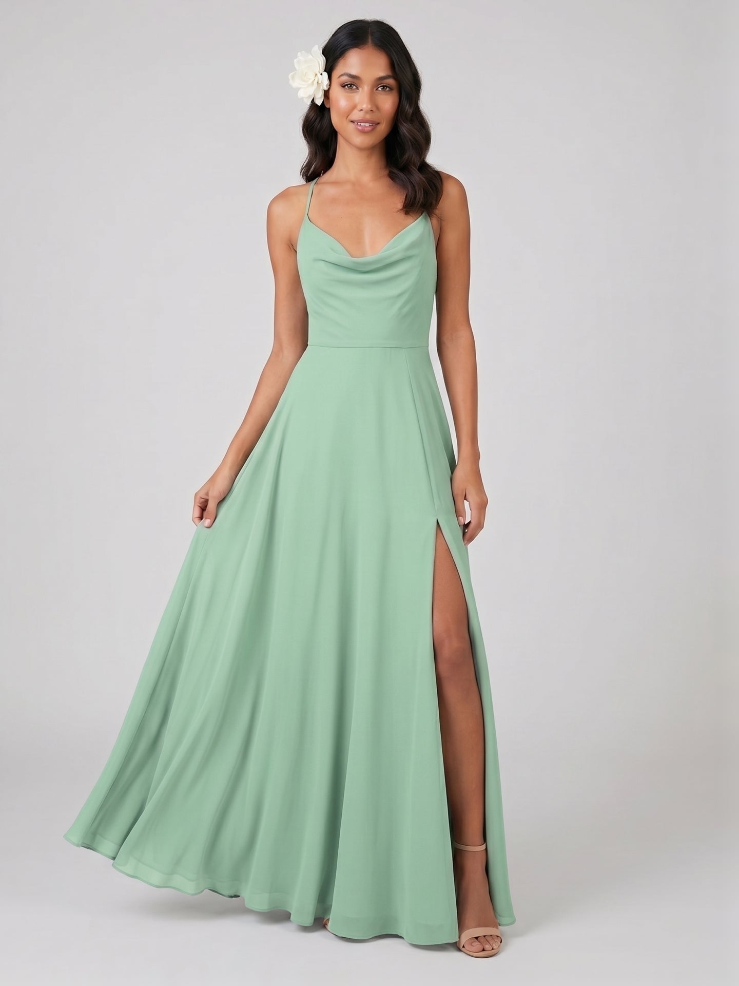Modest Mint Green Chiffon A-Line Cowl Neck Criss-Cross Straps Ankle-Length Bridesmaid Dress - Curvevia