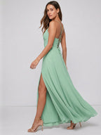 Modest Mint Green Chiffon A-Line Cowl Neck Criss-Cross Straps Ankle-Length Bridesmaid Dress - Curvevia