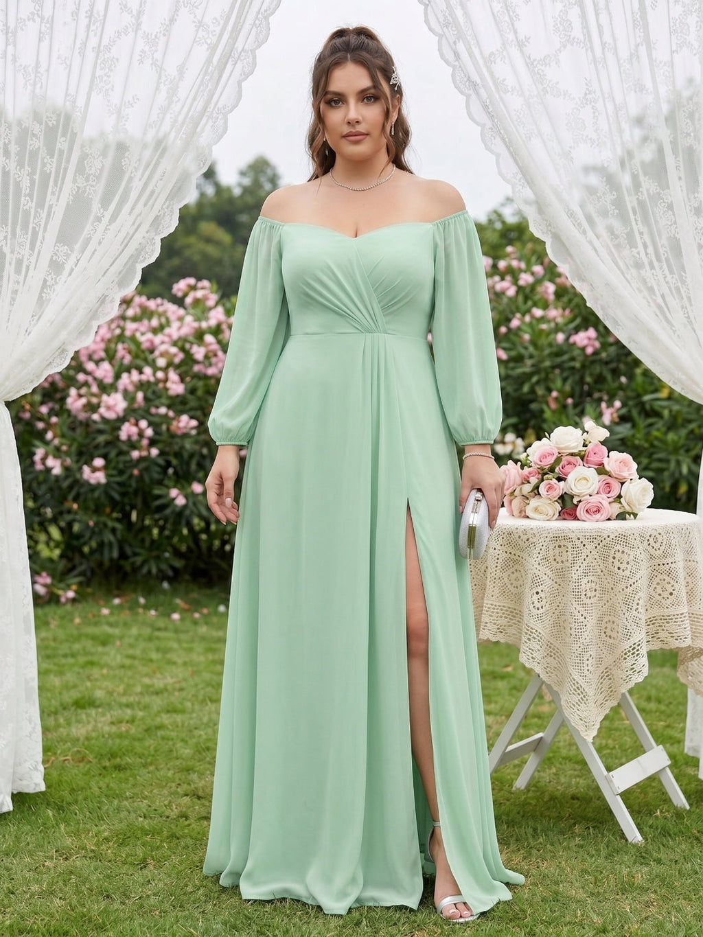 Modest Mint Green Chiffon A-Line Square Neck Back Zip Ankle-Length Bridesmaid Dress - Curvevia