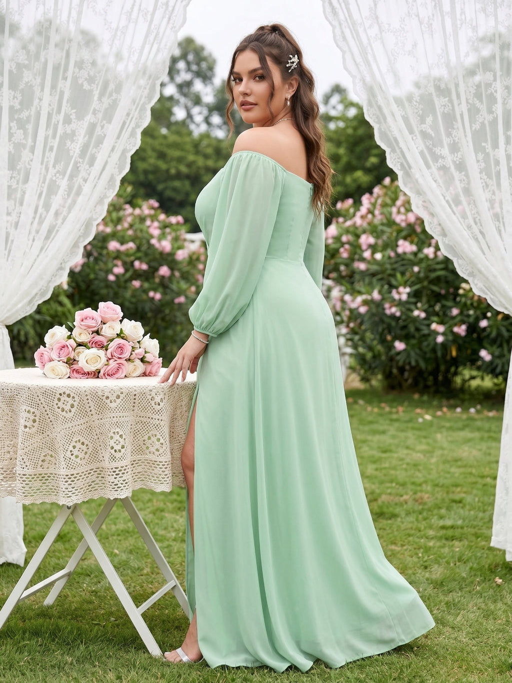 Modest Mint Green Chiffon A-Line Square Neck Back Zip Ankle-Length Bridesmaid Dress - Curvevia
