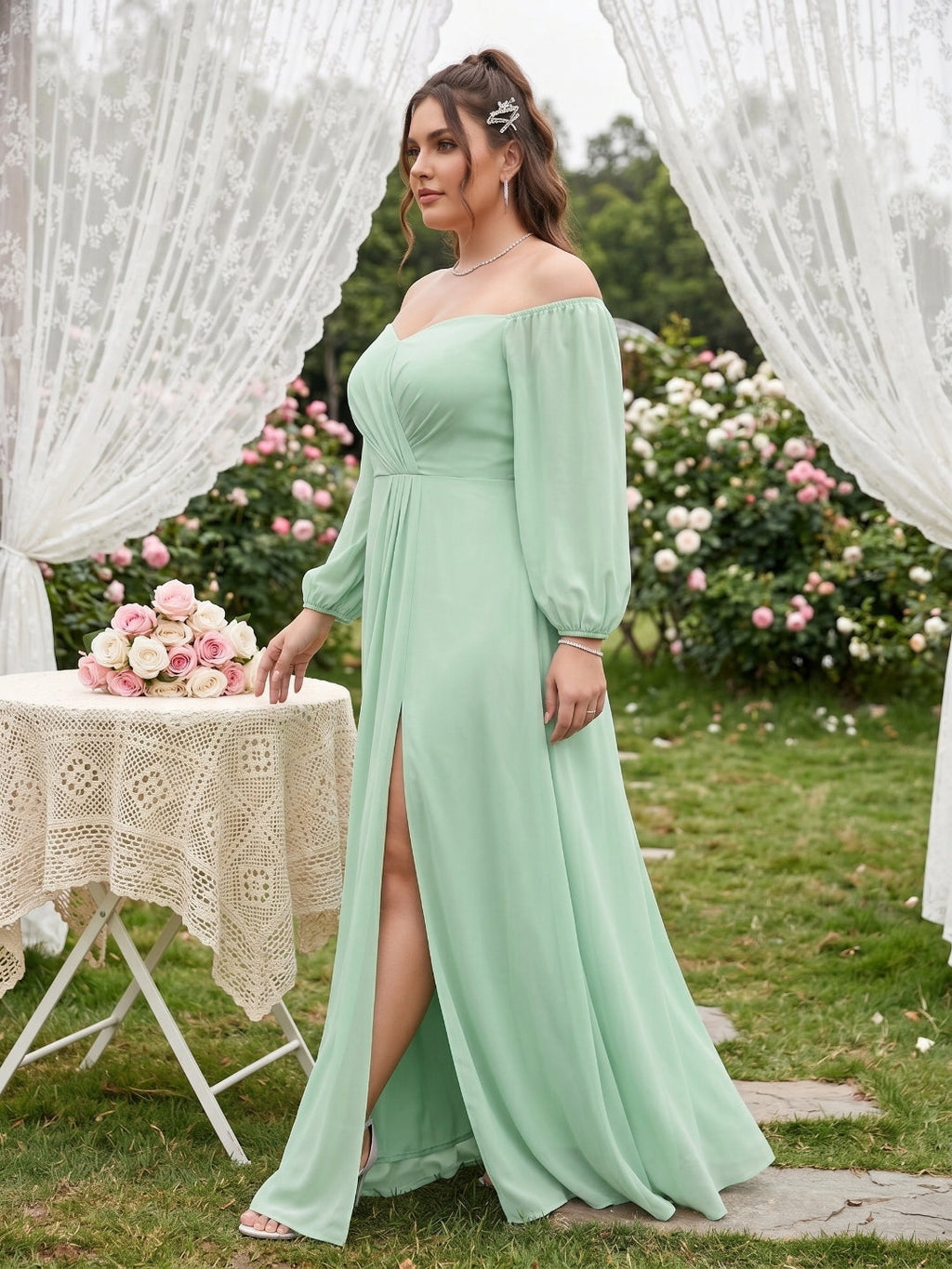 Modest Mint Green Chiffon A-Line Square Neck Back Zip Ankle-Length Bridesmaid Dress - Curvevia