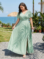 Modest Mint Green Chiffon A-Line V-Neck Back Zip Ankle-Length Plus Size Bridesmaid Dress - Curvevia
