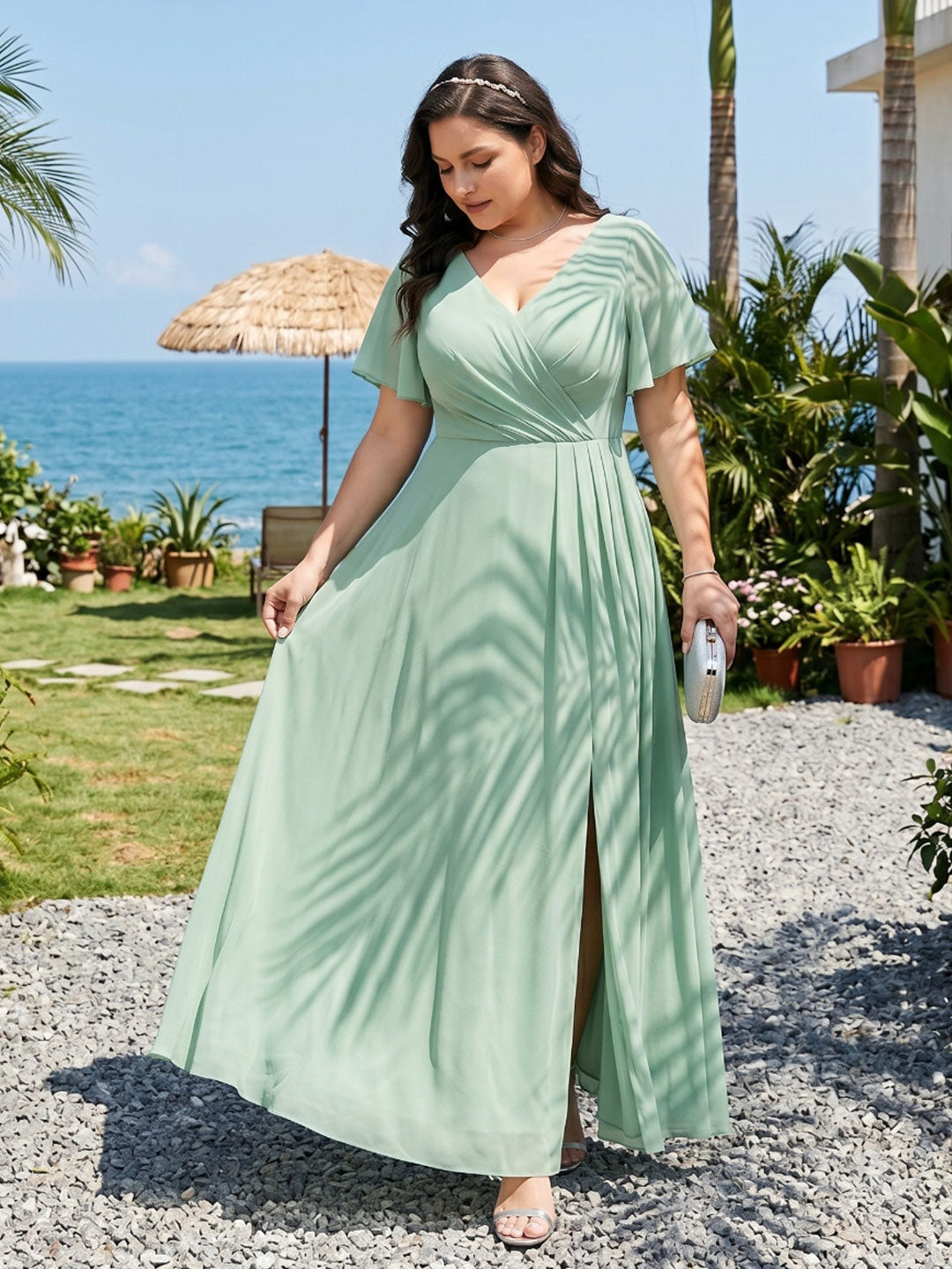 Modest Mint Green Chiffon A-Line V-Neck Back Zip Ankle-Length Plus Size Bridesmaid Dress - Curvevia