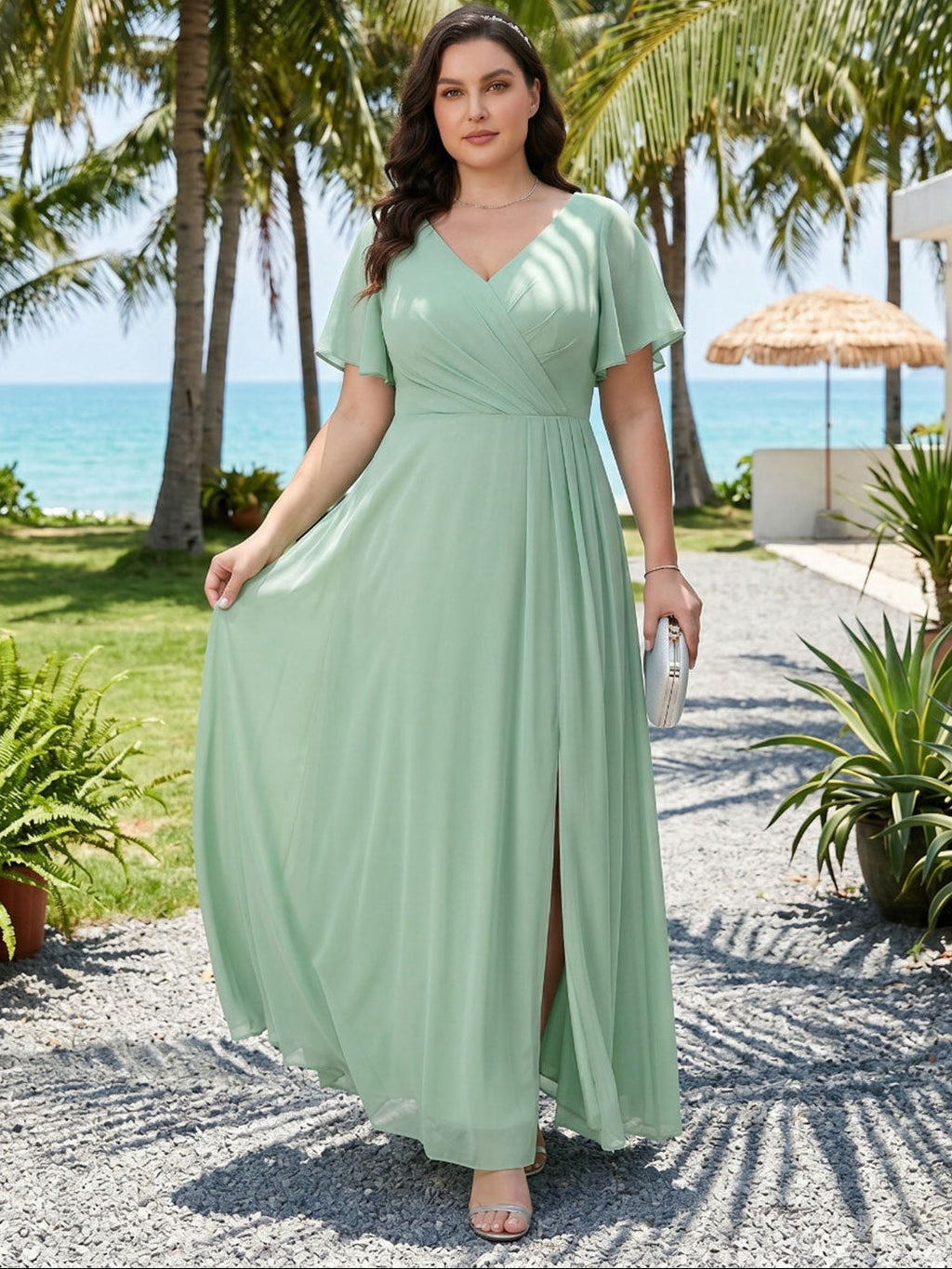 Modest Mint Green Chiffon A-Line V-Neck Back Zip Ankle-Length Plus Size Bridesmaid Dress - Curvevia