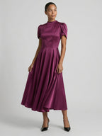 Modest Mulberry Satin A-Line Scoop Neck Back Zip Tea-Length Bridesmaid Dress - Curvevia