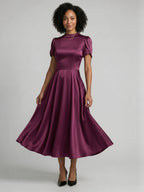 Modest Mulberry Satin A-Line Scoop Neck Back Zip Tea-Length Bridesmaid Dress - Curvevia