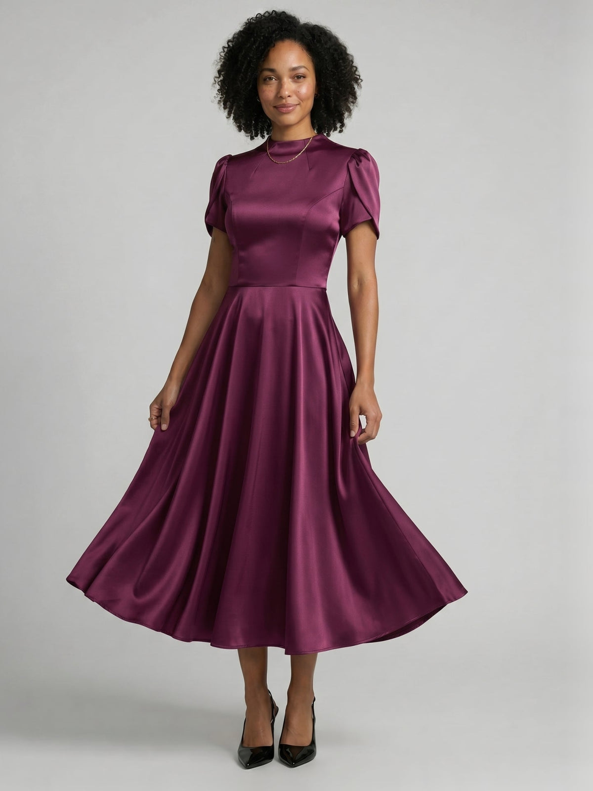 Modest Mulberry Satin A-Line Scoop Neck Back Zip Tea-Length Bridesmaid Dress - Curvevia