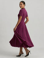 Modest Mulberry Satin A-Line Scoop Neck Back Zip Tea-Length Bridesmaid Dress - Curvevia