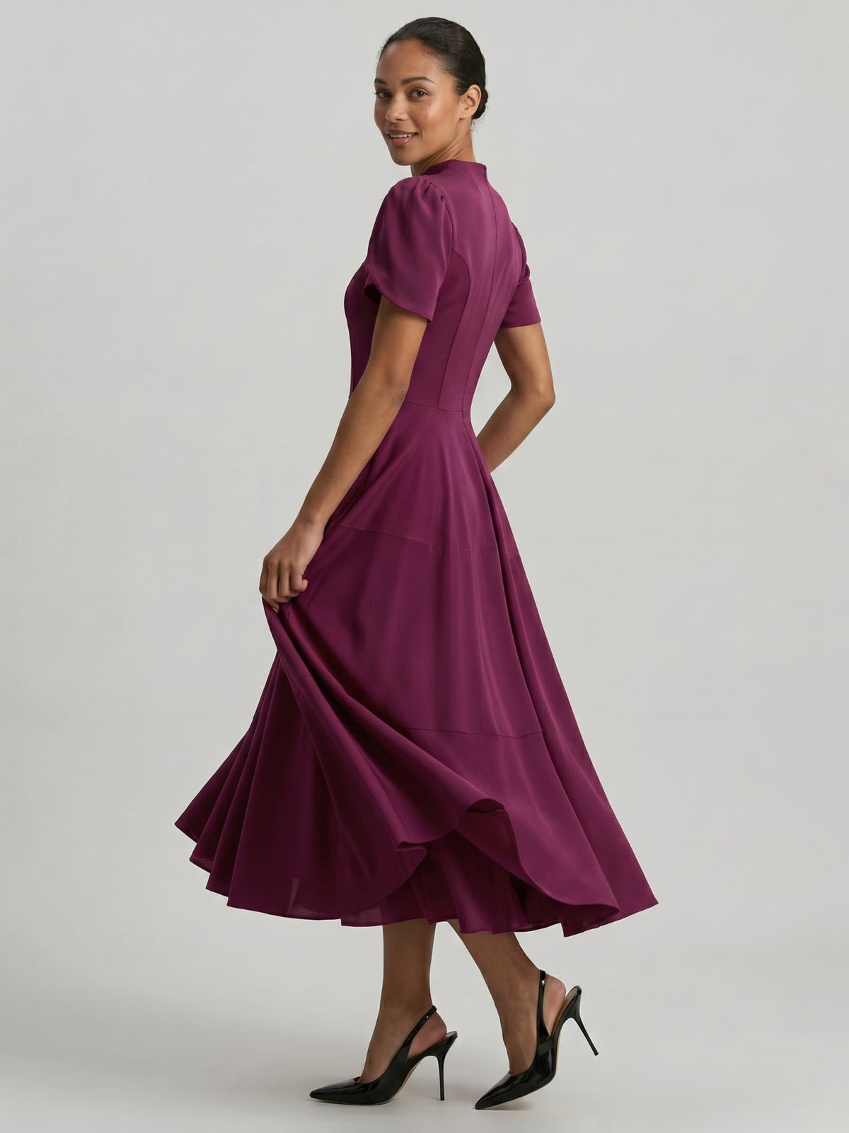 Modest Mulberry Satin A-Line Scoop Neck Back Zip Tea-Length Bridesmaid Dress - Curvevia