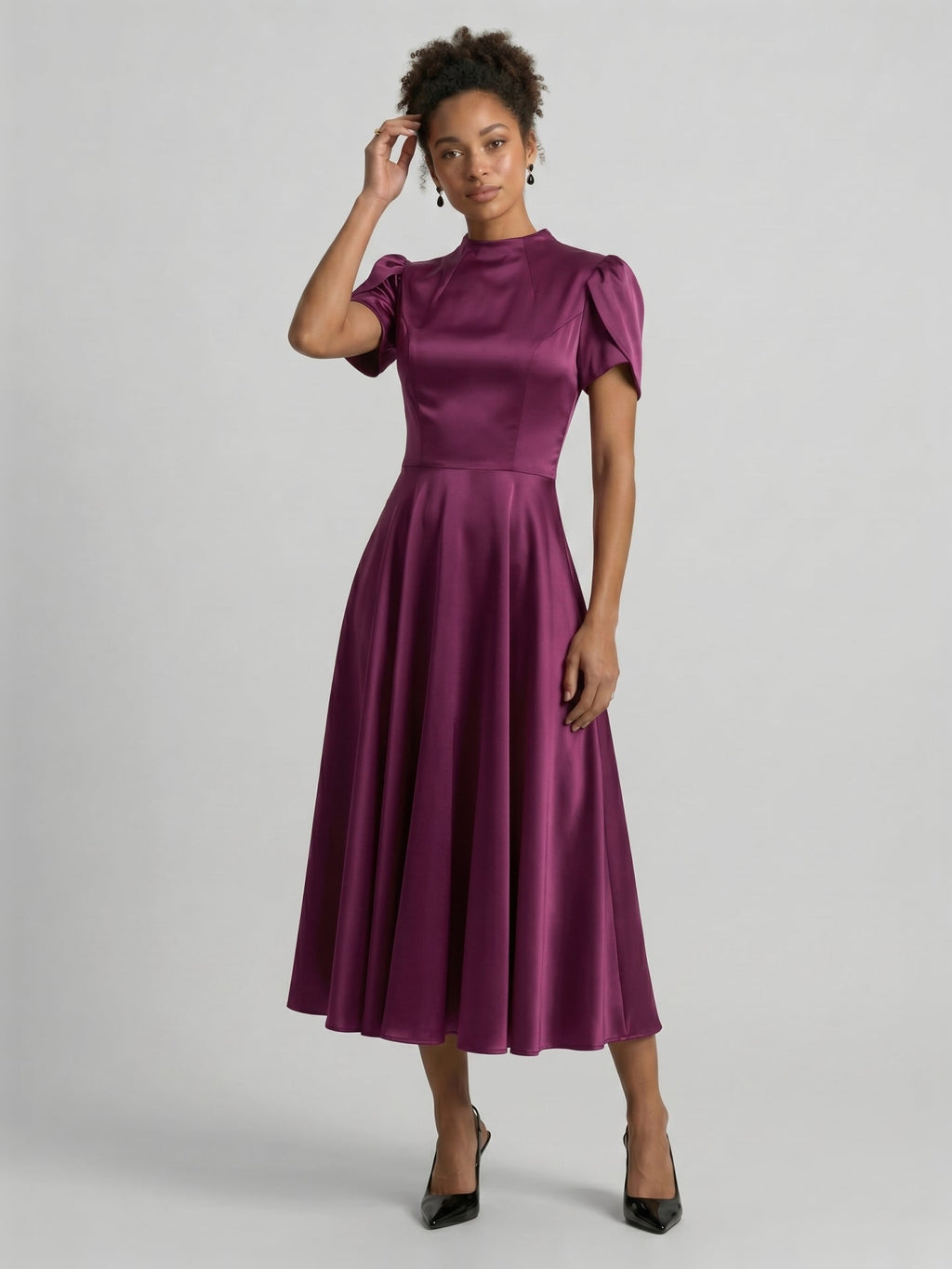 Modest Mulberry Satin A-Line Scoop Neck Back Zip Tea-Length Bridesmaid Dress - Curvevia