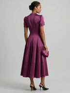 Modest Mulberry Satin A-Line Scoop Neck Back Zip Tea-Length Bridesmaid Dress - Curvevia