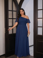 Modest Navy Blue Chiffon A-Line One Shoulder Back Zip with nan Ankle-Length Plus Size Bridesmaid Dress - Curvevia