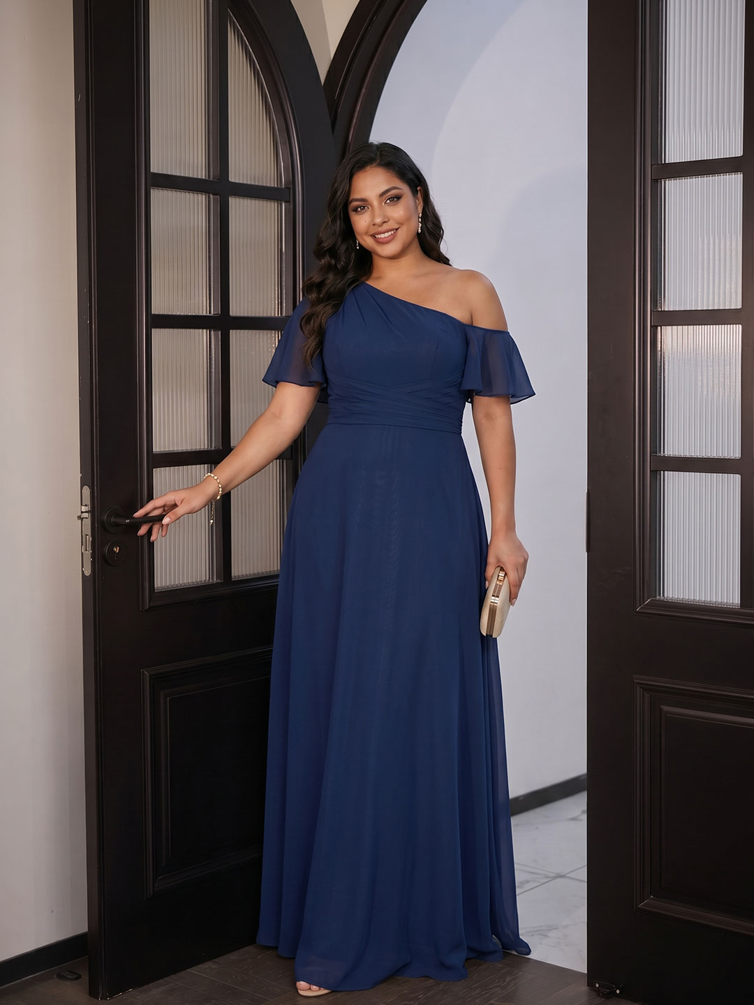Modest Navy Blue Chiffon A-Line One Shoulder Back Zip with nan Ankle-Length Plus Size Bridesmaid Dress - Curvevia