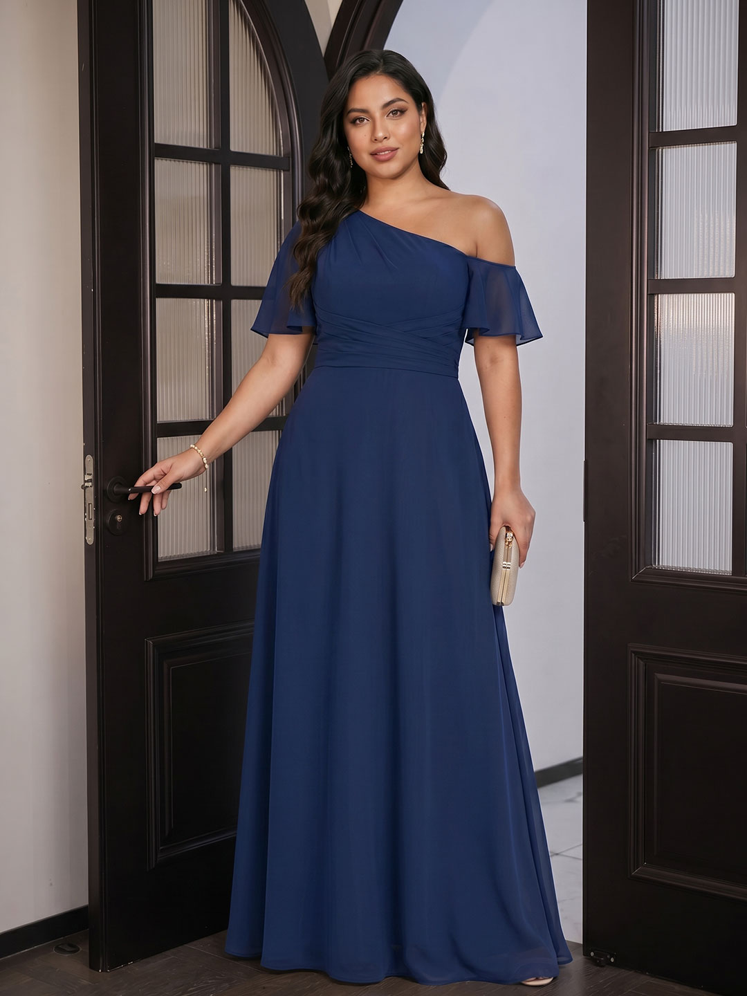 Modest Navy Blue Chiffon A-Line One Shoulder Back Zip with nan Ankle-Length Plus Size Bridesmaid Dress - Curvevia