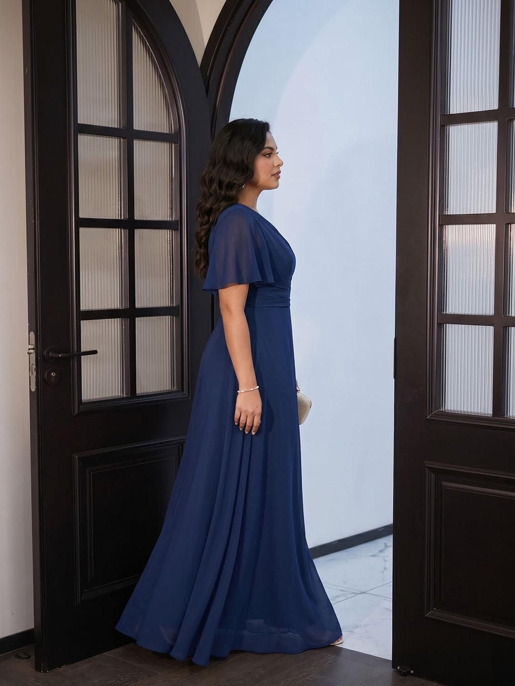 Modest Navy Blue Chiffon A-Line One Shoulder Back Zip with nan Ankle-Length Plus Size Bridesmaid Dress - Curvevia