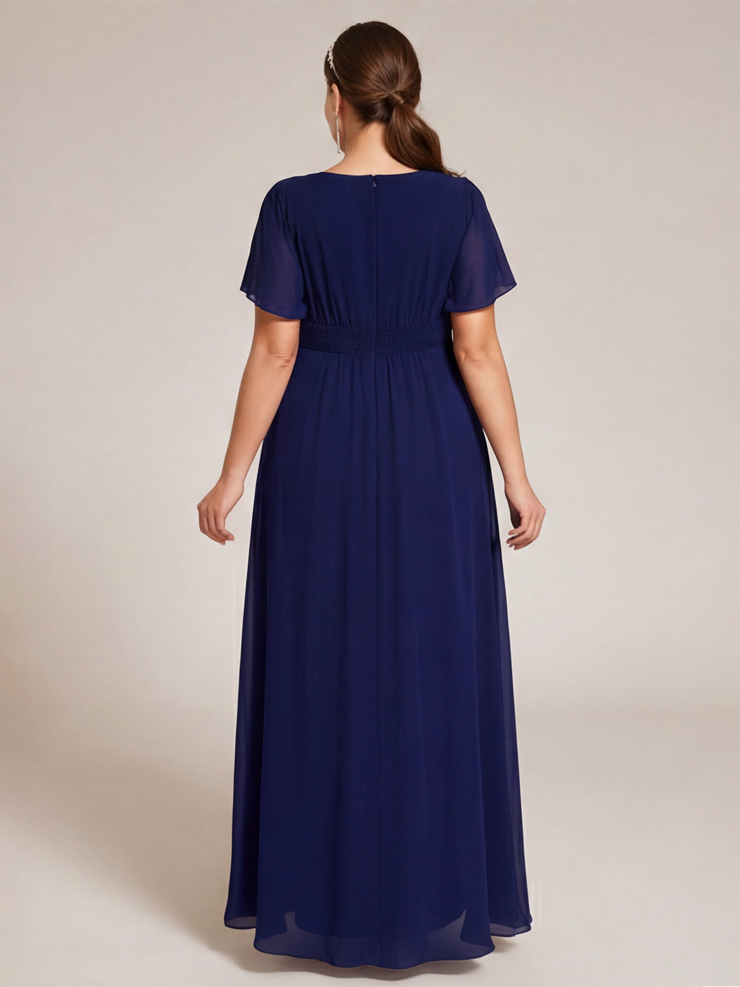 Modest Navy Blue Chiffon A-Line Scoop Neck Back Zip Asymmetrical Plus Size Length Bridesmaid Dress - Curvevia