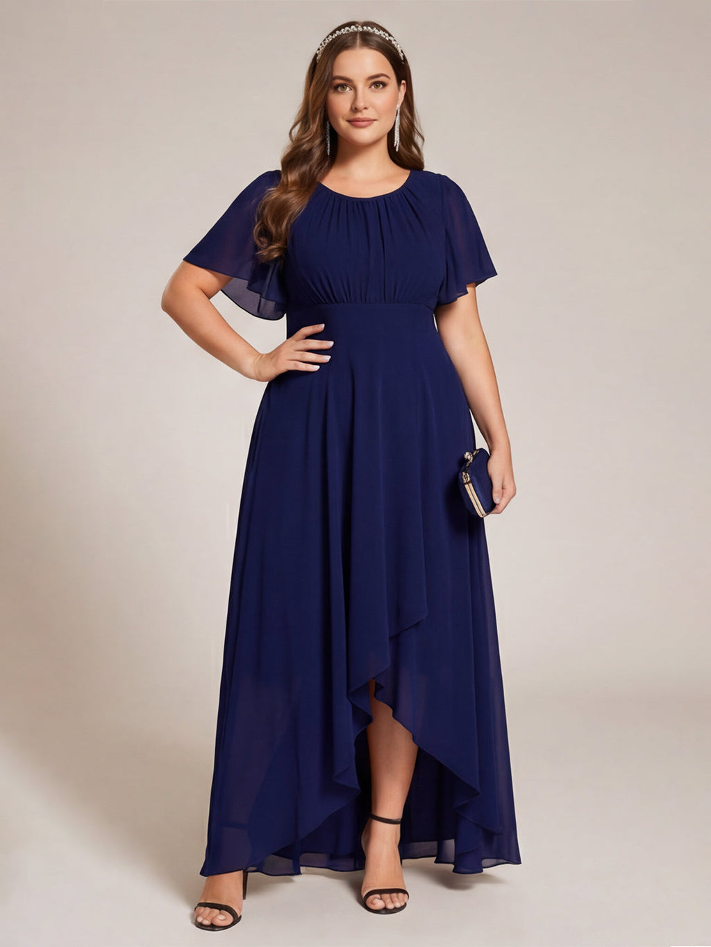 Modest Navy Blue Chiffon A-Line Scoop Neck Back Zip Asymmetrical Plus Size Length Bridesmaid Dress - Curvevia