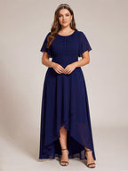 Modest Navy Blue Chiffon A-Line Scoop Neck Back Zip Asymmetrical Plus Size Length Bridesmaid Dress - Curvevia