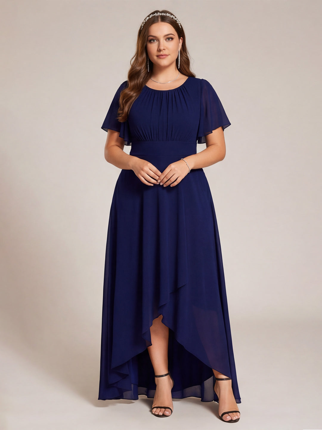 Modest Navy Blue Chiffon A-Line Scoop Neck Back Zip Asymmetrical Plus Size Length Bridesmaid Dress - Curvevia