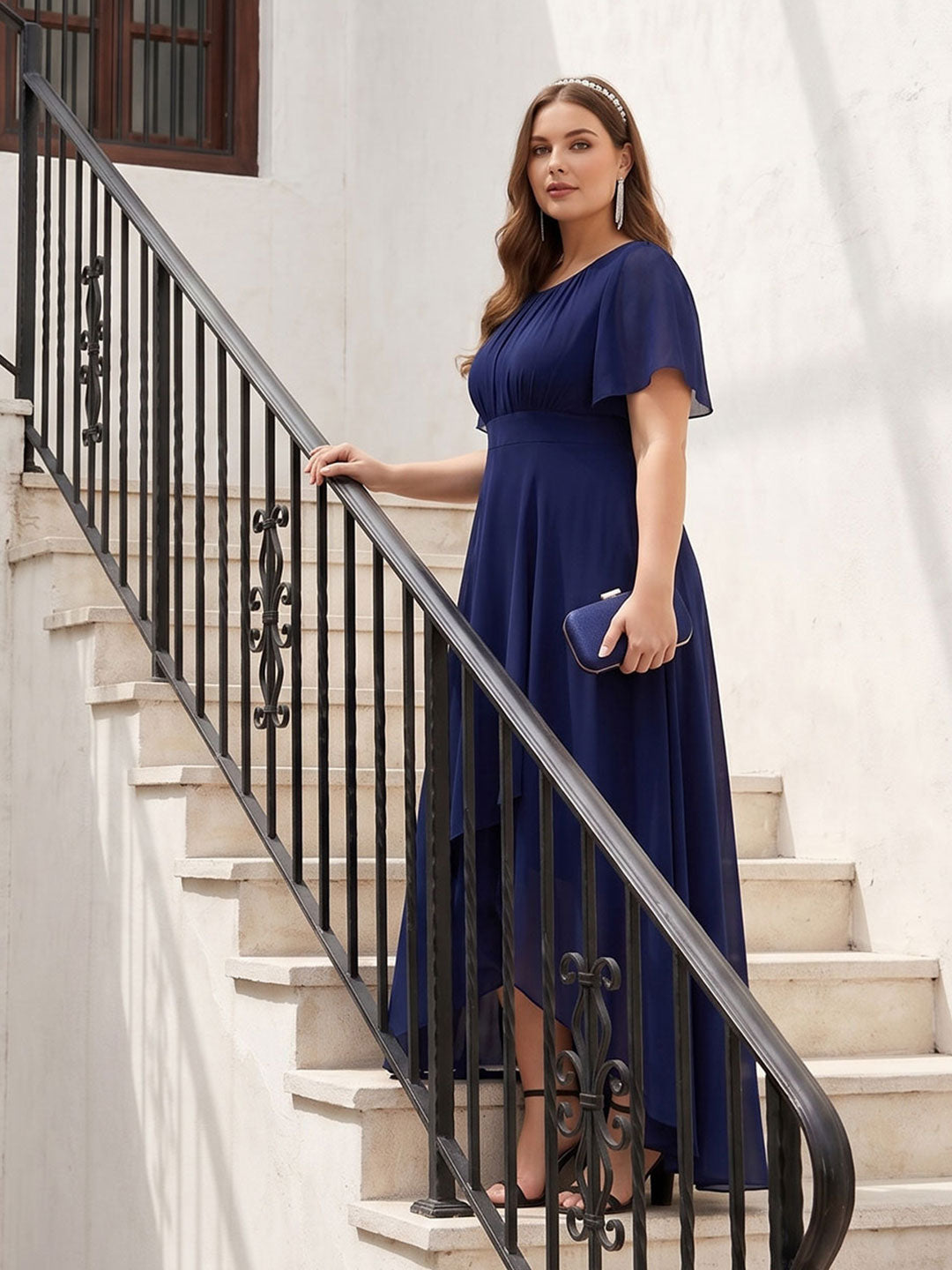 Modest Navy Blue Chiffon A-Line Scoop Neck Back Zip Asymmetrical Plus Size Length Bridesmaid Dress - Curvevia