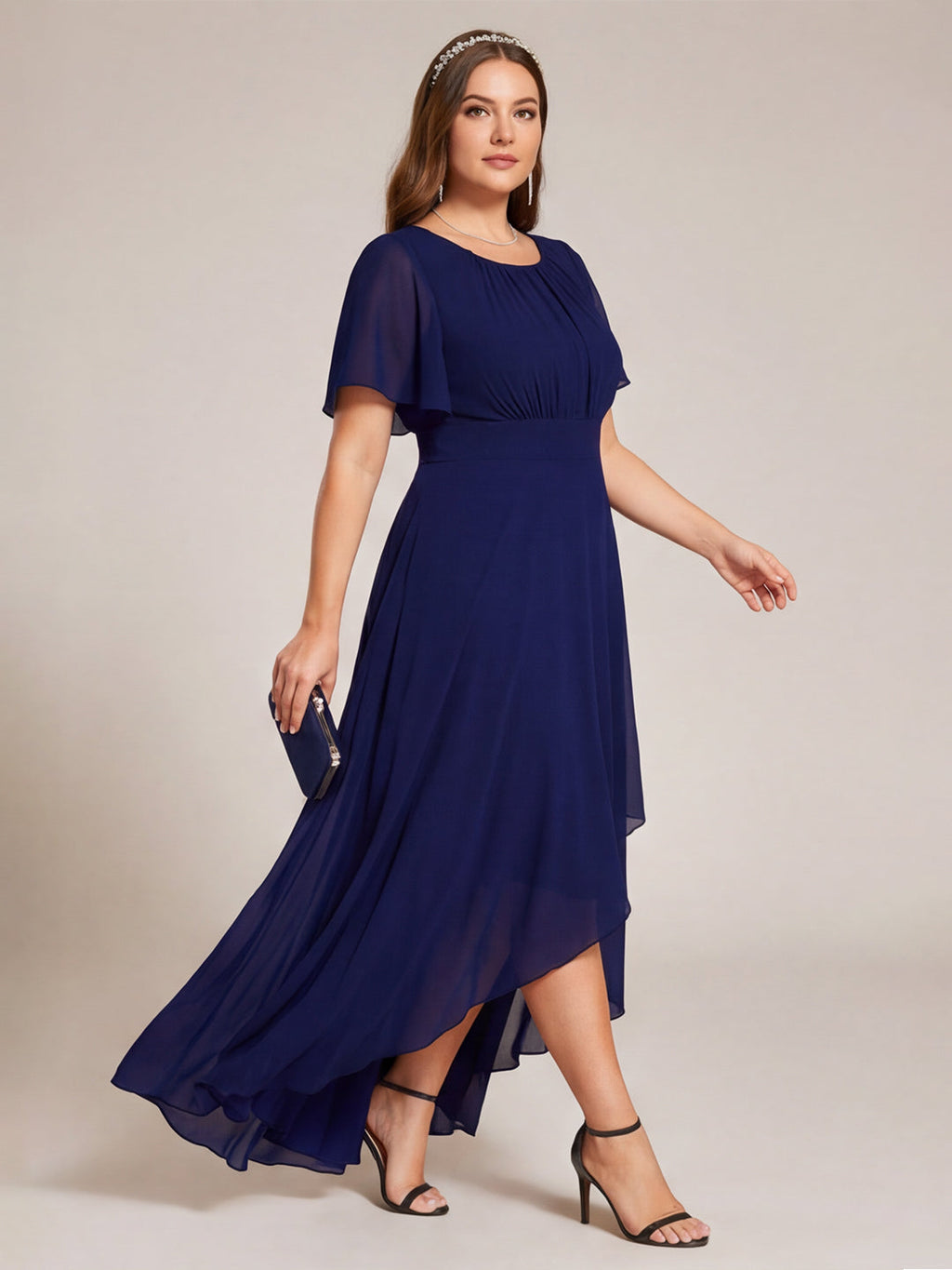 Modest Navy Blue Chiffon A-Line Scoop Neck Back Zip Asymmetrical Plus Size Length Bridesmaid Dress - Curvevia