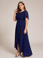 Modest Navy Blue Chiffon A-Line Scoop Neck Back Zip Asymmetrical Plus Size Length Bridesmaid Dress - Curvevia
