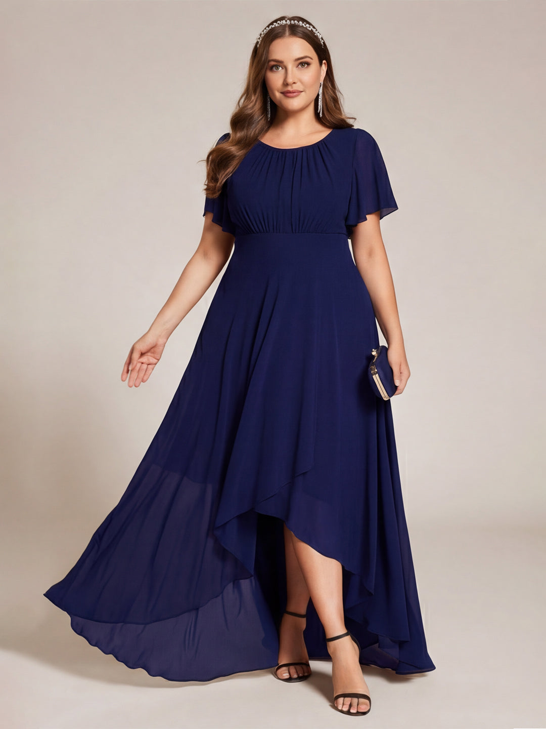 Modest Navy Blue Chiffon A-Line Scoop Neck Back Zip Asymmetrical Plus Size Length Bridesmaid Dress - Curvevia