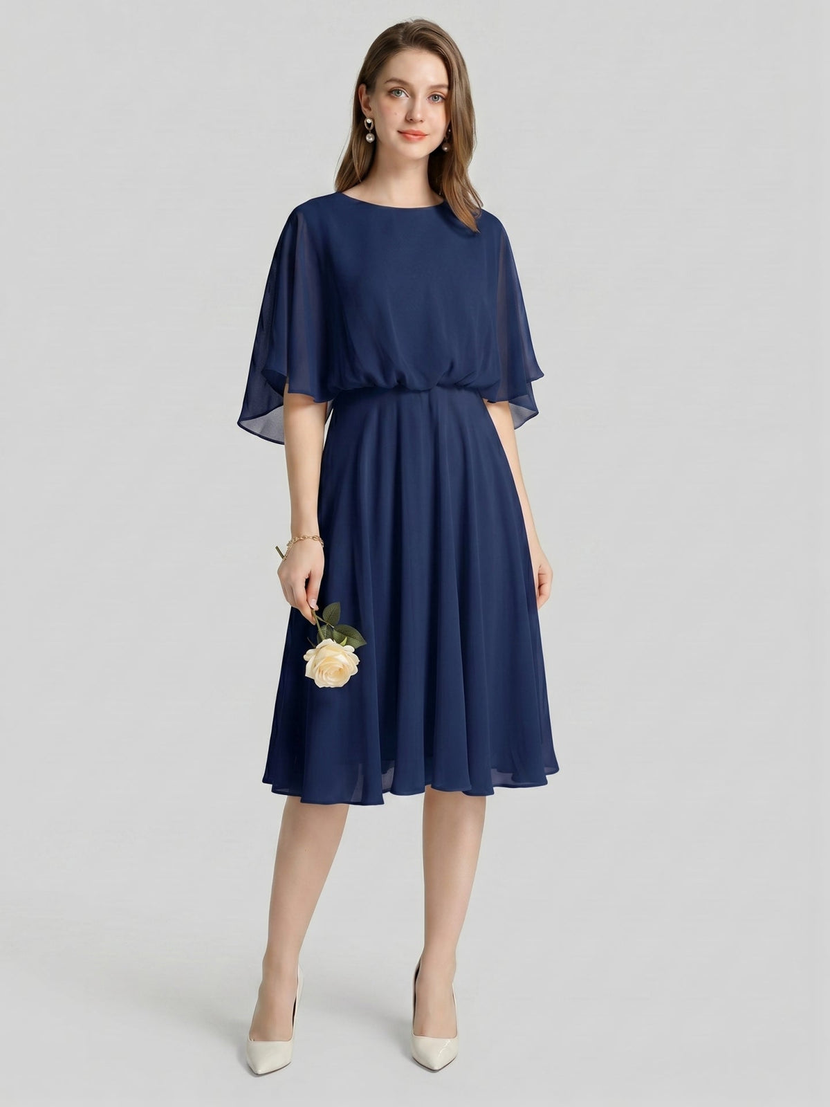Modest Navy Blue Chiffon A-Line Scoop Neck Backless with Pleated Knee-Length Bridesmaid Dress - Curvevia