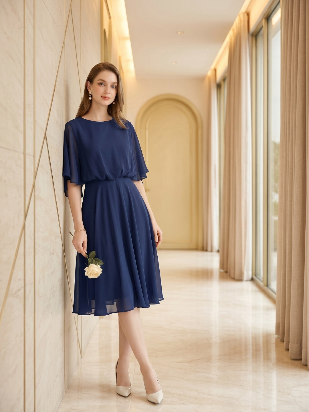 Modest Navy Blue Chiffon A-Line Scoop Neck Backless with Pleated Knee-Length Bridesmaid Dress - Curvevia