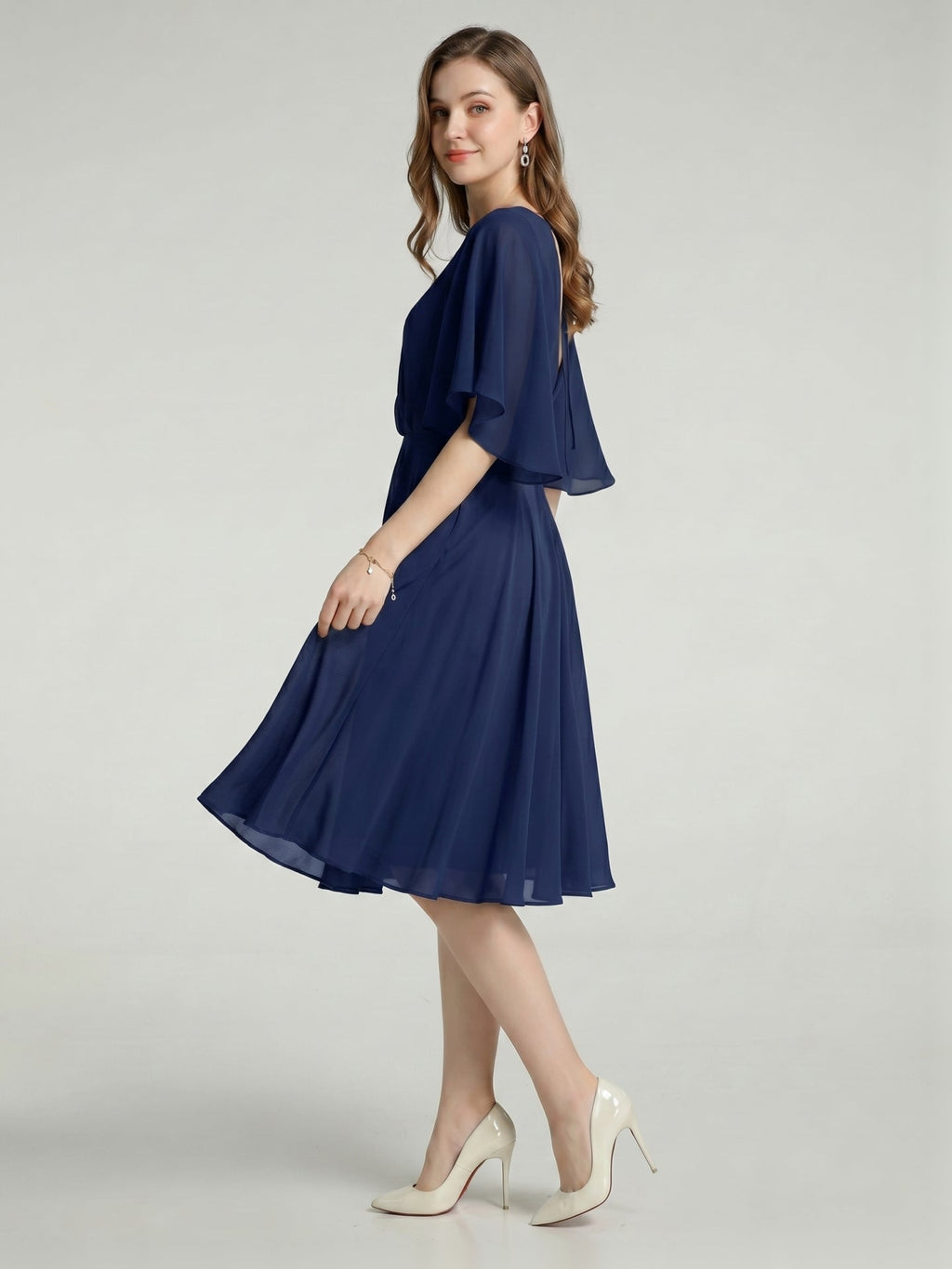 Modest Navy Blue Chiffon A-Line Scoop Neck Backless with Pleated Knee-Length Bridesmaid Dress - Curvevia